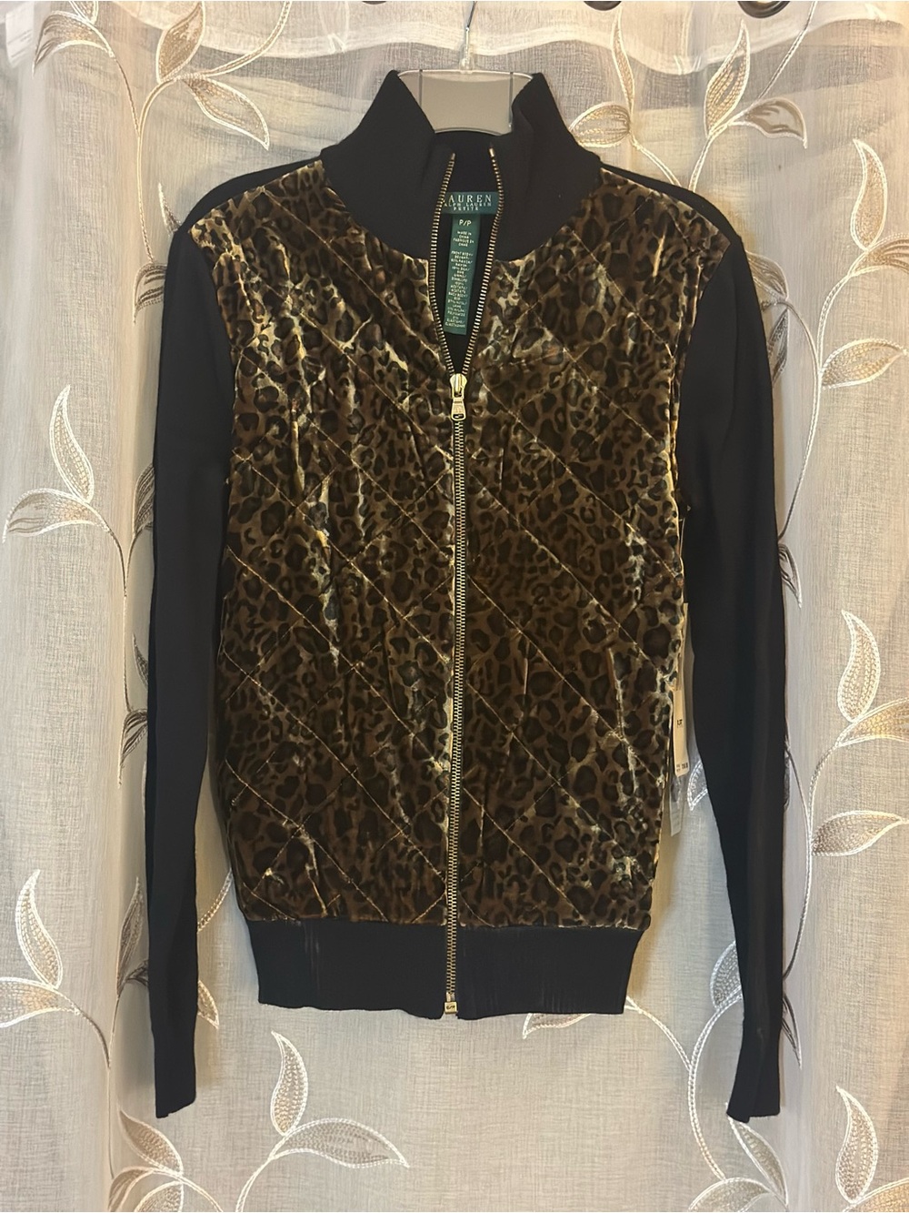 NWT Lauren Ralph Lauren Leopard Velvet Bomber Sweater